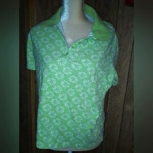 Kim Roger's Womans Size Large Lime Green & White Polo Shirt Floral Repeat Shirt